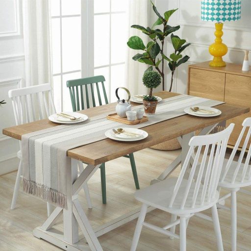 Asztali futó, 38 x 220 cm, csíkos pamut és vászon asztalterítő bojtokkal