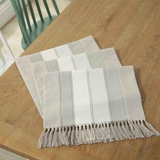 Asztali futó, 38 x 220 cm, csíkos pamut és vászon asztalterítő bojtokkal