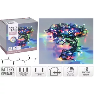   192 LED-es kültéri és beltéri fényfüzér, 5 mm-es LED, IP44, elemes, sokszínű lámpa