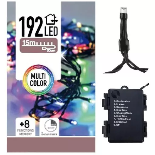 192 LED-es kültéri és beltéri fényfüzér, 5 mm-es LED, IP44, elemes, sokszínű lámpa