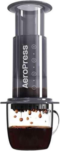 Aparat de cafea AeroPress A80 - Presă manuală din plastic negru, Capacitate 0,5 litri, Cu filtru de apă, Design compact, 249g