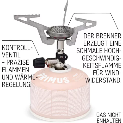 Aragaz Primus Express pentru camping, drumeții, exterior, plită izobutan, gaz, oțel inoxidabil, argintiu, 96g