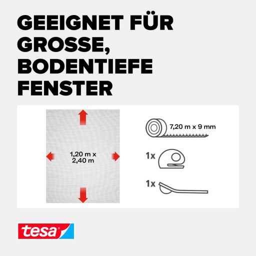 tesa Plasă anti-insecte Comfort cu Velcro pentru Ferestre de la Podea până la Tavan, Negru, 1,2m x 2,4m, Autoadezivă, Plasă din Fibră de Sticlă Lavabilă