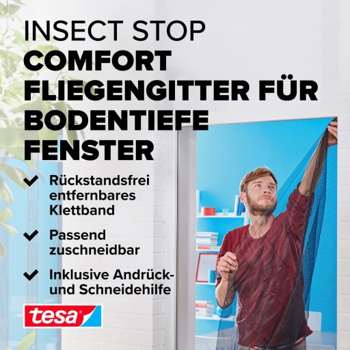 tesa Plasă anti-insecte Comfort cu Velcro pentru Ferestre de la Podea până la Tavan, Negru, 1,2m x 2,4m, Autoadezivă, Plasă din Fibră de Sticlă Lavabilă
