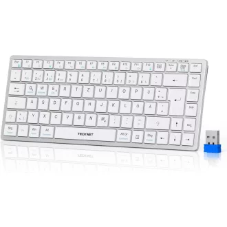   TECKNET Bezdrôtová klávesnica, prepínanie medzi 4 zariadeniami (2.4G + BT), nabíjateľná, nemecké QWERTZ rozloženie, ultratenká, PC, laptop, tablet
