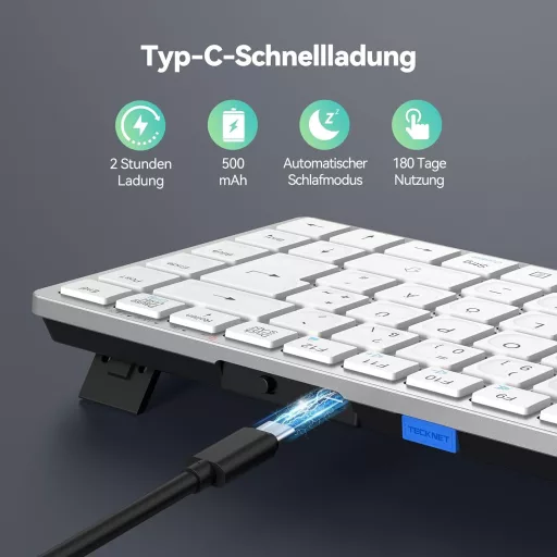 TECKNET Bezdrôtová klávesnica, prepínanie medzi 4 zariadeniami (2.4G + BT), nabíjateľná, nemecké QWERTZ rozloženie, ultratenká, PC, laptop, tablet