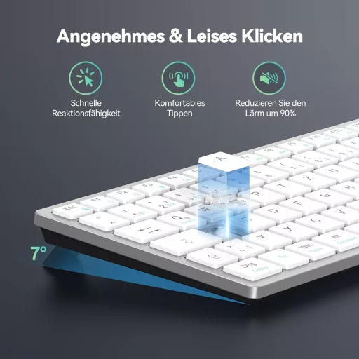 TECKNET Bezdrôtová klávesnica, prepínanie medzi 4 zariadeniami (2.4G + BT), nabíjateľná, nemecké QWERTZ rozloženie, ultratenká, PC, laptop, tablet