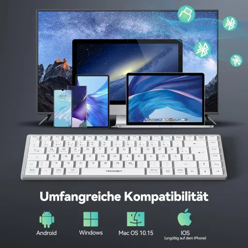 TECKNET Bezdrôtová klávesnica, prepínanie medzi 4 zariadeniami (2.4G + BT), nabíjateľná, nemecké QWERTZ rozloženie, ultratenká, PC, laptop, tablet