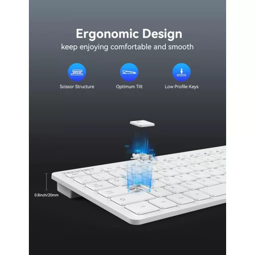 TECKNET 2.4G Wireless Kompakt Billentyűzet Médiagombokkal, Ultra Vékony, 12 Hónapos Akkumulátor, PC/Laptop/TV Kompatibilis - Fehér