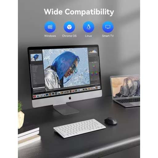 TECKNET 2.4G Wireless Kompakt Billentyűzet Médiagombokkal, Ultra Vékony, 12 Hónapos Akkumulátor, PC/Laptop/TV Kompatibilis - Fehér