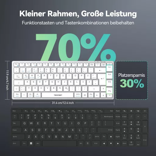 TECKNET Bezdrôtová klávesnica, prepínanie medzi 4 zariadeniami (2.4G + BT), nabíjateľná, nemecké QWERTZ rozloženie, ultratenká, PC, laptop, tablet