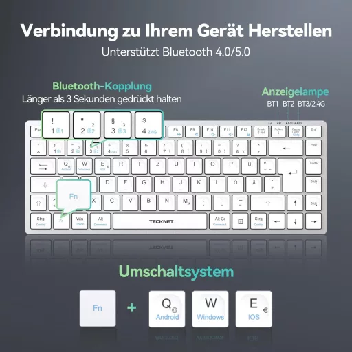 TECKNET Bezdrôtová klávesnica, prepínanie medzi 4 zariadeniami (2.4G + BT), nabíjateľná, nemecké QWERTZ rozloženie, ultratenká, PC, laptop, tablet