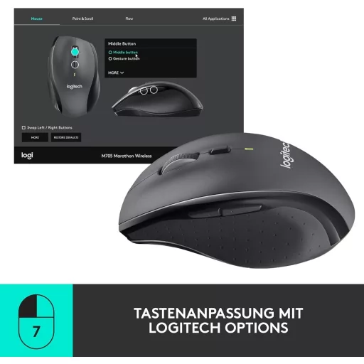 Logitech M705 Marathon vezeték nélküli egér, 3 év akkumulátor, 7 gomb, PC/Mac - Retail Packaging