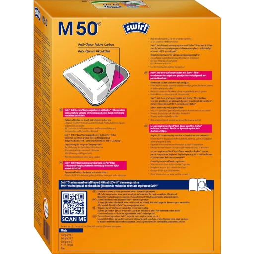 Swirl M 50 EcoPor szagmentes porszívó zsák Miele-hez, 4 db, allergia szűrő