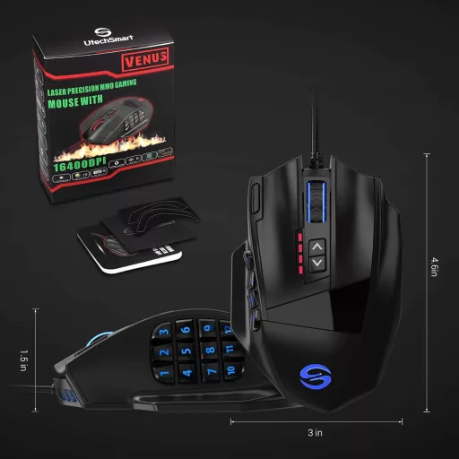 UtechSmart Venus Gamer Egér 12 Programozható Gombbal, 16400 DPI Lézeres Érzékelő, Állítható RGB Világítás, MMO Játékokhoz, PC Kompatibilis