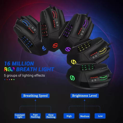 UtechSmart Venus Gamer Egér 12 Programozható Gombbal, 16400 DPI Lézeres Érzékelő, Állítható RGB Világítás, MMO Játékokhoz, PC Kompatibilis