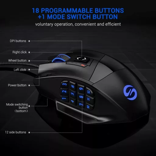 UtechSmart Venus Gamer Egér 12 Programozható Gombbal, 16400 DPI Lézeres Érzékelő, Állítható RGB Világítás, MMO Játékokhoz, PC Kompatibilis