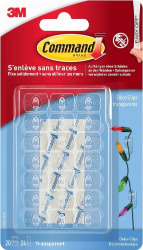 Cârlige decorative transparente Command - 20 mini-cârlige și 24 de benzi adezive - Sistem de prindere pentru ghirlande luminoase și decorațiuni - Montare pe perete, îndepărtare fără urme