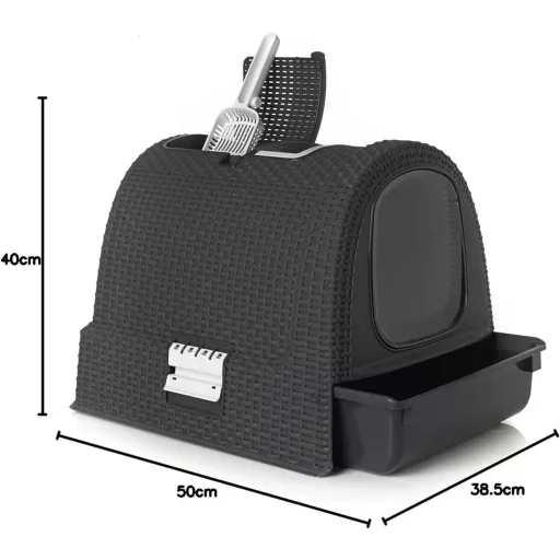 Curver Petlife Macskavécé Fedéllel és Lapáttal Rattan Hatású Antracit 51x38x40cm