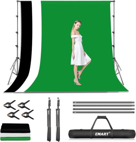Sistem fundal foto EMART 2,6x3m - Set studio foto profesional cu fundaluri negre, albe și verzi, stativ și cleme de fixare pentru videoclipuri YouTube