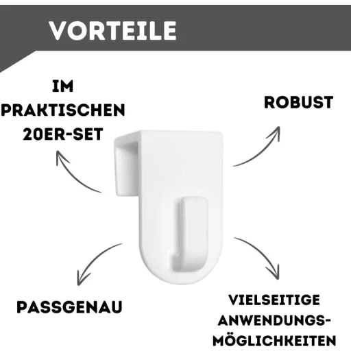 Set 20 agățătoare pentru ferestre De-Plastik - Cârlige decorative din plastic alb - Pentru rame de până la 17 mm - Fixare fără găurire