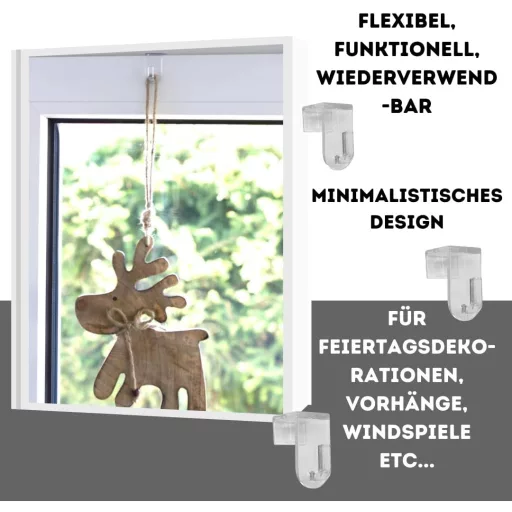 Set 20 agățătoare pentru ferestre De-Plastik - Cârlige decorative din plastic alb - Pentru rame de până la 17 mm - Fixare fără găurire