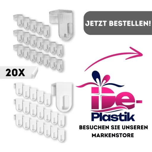 Set 20 agățătoare pentru ferestre De-Plastik - Cârlige decorative din plastic alb - Pentru rame de până la 17 mm - Fixare fără găurire