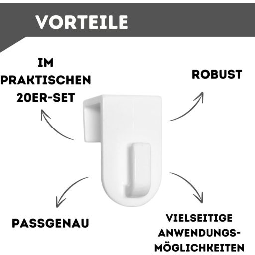 De-Plastik Ablakakasztó Szett - 20 db Fehér Műanyag Kampó Dekorációhoz - Max 17 mm Ablakkerethez - Fúrás Nélküli Rögzítés