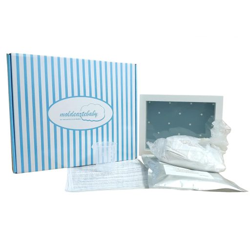 3D Baba Képkészlet és Képkeret Fotó, Kéz és Láblenyomathoz - Kék Csillagos Háttérrel - 0-6 Hónapos Korig - Tökéletes Babaváró és Karácsonyi