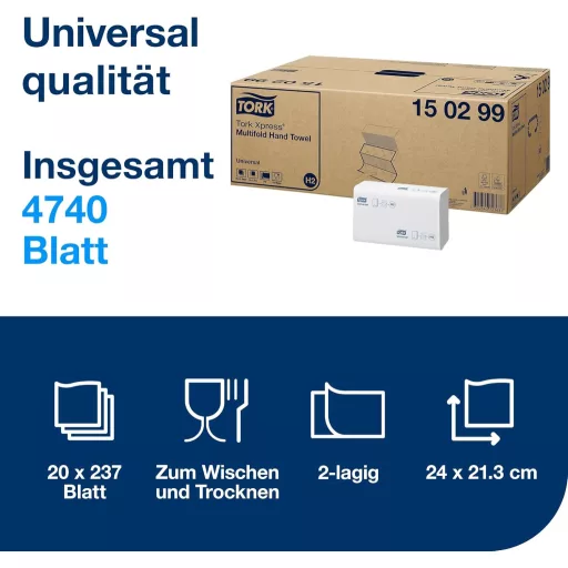 Hârtie prosop Tork Xpress Multifold - albă, 1 strat, 20 pachete x 250 de șervețele, pentru sistemul de dozare H2, igienică, economică, pentru industria alimentară