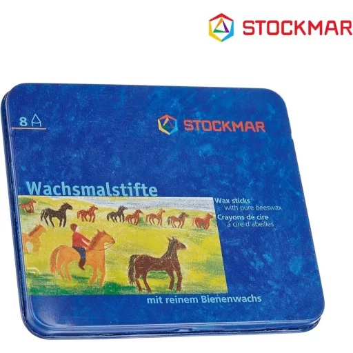 Stockmar Méhviasz Zsírkréta Készlet - 8 Színes Kréta Fémdobozban, Vízálló, 83 mm, 2 Éves Kortól, Rajzoláshoz és Színezéshez