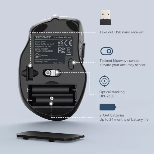 Bezdrôtová myš TECKNET 2.4G, 2600 DPI, 6 tlačidiel s nano prijímačom, 24-mesačná výdrž batérie