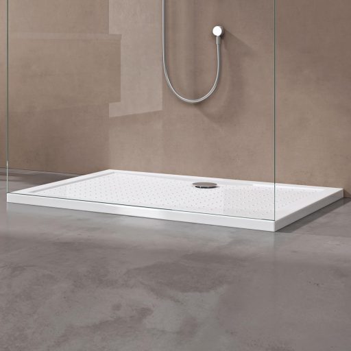 doporro Lucia02 Téglalap Alakú Zuhanytálca 70x100x4 cm Fehér Akril Csúszásgátló Profillal Padlószintű Beépítéshez DIN Csatlakozással
