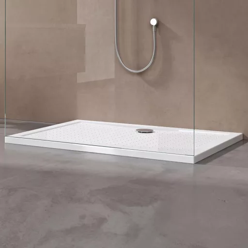 Cădiță de duș dreptunghiulară doporro Lucia02, 70x100x4 cm, acril alb, cu profil antiderapant, pentru montaj la nivelul pardoselii, cu racord DIN.