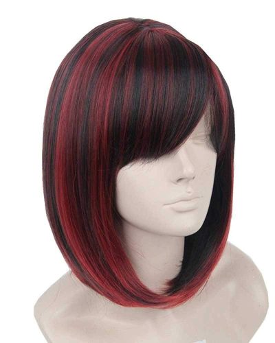 Topcosplay Rövid Bob Paróka Nőknek - Fekete-Piros Hőálló Műhaj 30 cm - Állítható Méretű Egyenes Cosplay Paróka