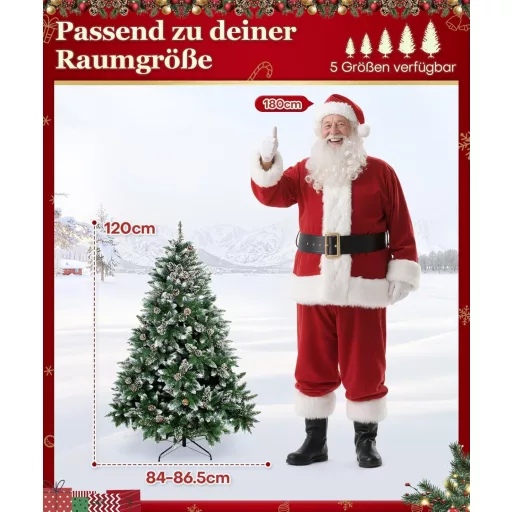 Umelý zasnežený vianočný stromček 120 cm - S kovovým stojanom, 390 ihličkami a skutočnými šiškami, ohňovzdorné PVC, jednoduchá montáž