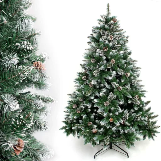 Brad Artificial de Crăciun Înzăpezit 180 cm - Cu Suport Metalic, 930 Ace, Conuri Naturale, Decor Alb ca Zăpada, Ușor de Asamblat