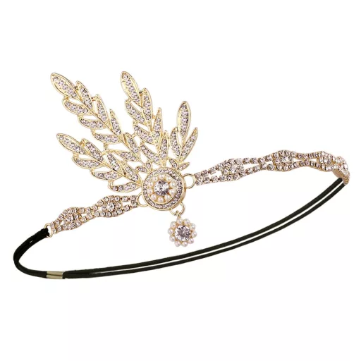 BABEYOND Bandă de păr vintage, aurie, cu medalion frunză și perle, stil anii 1920, accesoriu de cap pentru femei, inspirat de Great Gatsby