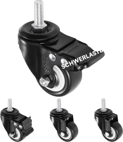Role pentru mobilă H&S cu filet M10 - Set de 4 roți pivotante rezistente cu frână - Role de 50 mm din cauciuc PU pentru diverse suprafețe