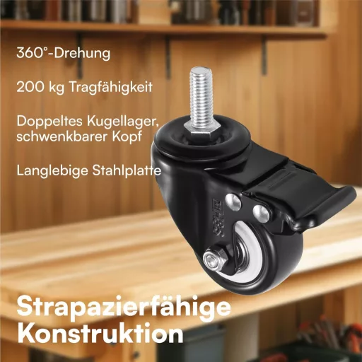 H&S Bútor Görgők M10 Menetes - 4 db Nehéz Teherbírású Forgó Kerék Fékkel - 50 mm PU Gumi Görgők Többféle Felületre