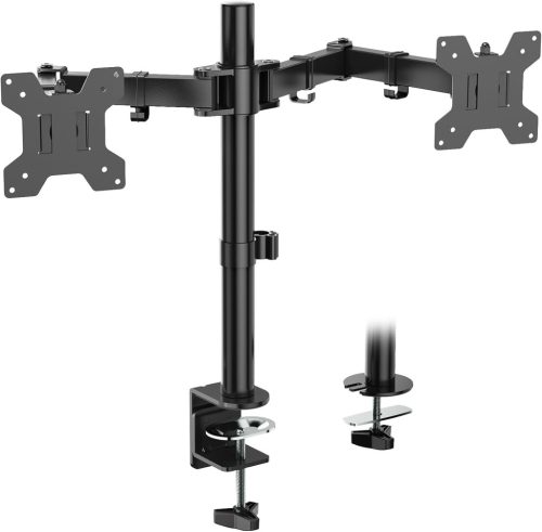 Suport dublu pentru monitor WALI - Reglabil, până la 27", sarcină maximă 10 kg, rotire 360°, înclinare, montare pe birou, negru (WL-M002)
