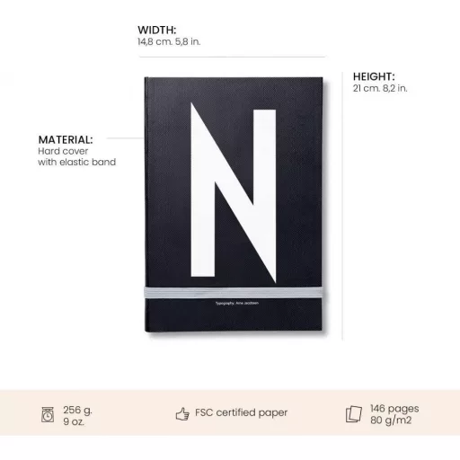 Caiet Design Letters A-Z Negru, Copertă Cartonată, Cu Elastic de Închidere, A5