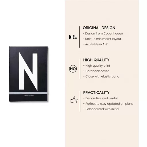 Caiet Design Letters A-Z Negru, Copertă Cartonată, Cu Elastic de Închidere, A5