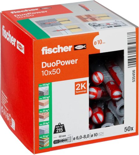 fischer DuoPower 10 x 50 Univerzális Tipli - 2-Komponensű Műanyag Dübel Betonhoz, Téglához, Gipszkartonhoz - 50 db-os Csomag