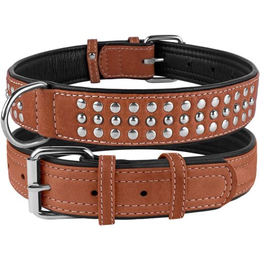 CollarDirect Zgardă pentru câini din piele naturală, lucrată manual - Zgardă maro, moale, căptușită, pentru câini de talie medie, design cu ținte, 50-55 cm