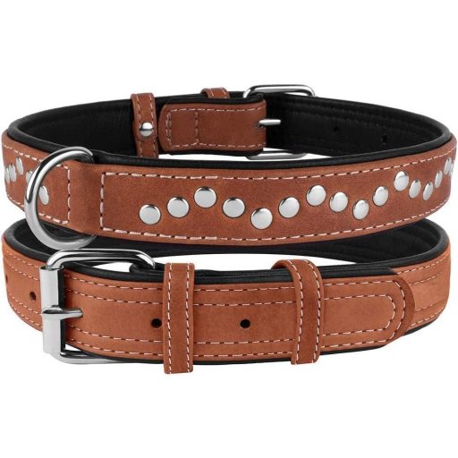 CollarDirect Zgardă pentru câini din piele naturală, lucrată manual - Zgardă maro, moale, căptușită, cu ținte, pentru câini de talie medie, 33-36 cm