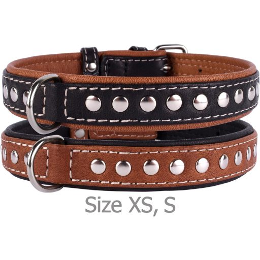 CollarDirect Zgardă pentru câini din piele naturală, lucrată manual - Zgardă maro, moale, căptușită, cu ținte, pentru câini de talie medie, 33-36 cm