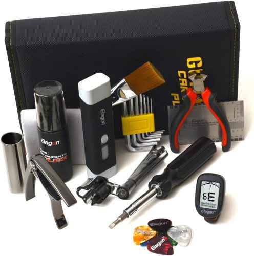 Elagon Guitar Pro Care Kit - Set de îngrijire chitară cu soluție de curățat corzi, set de corzi, 8 chei imbus, manivelă de corzi, clește de tăiat corzi și ecartament pentru acțiune.