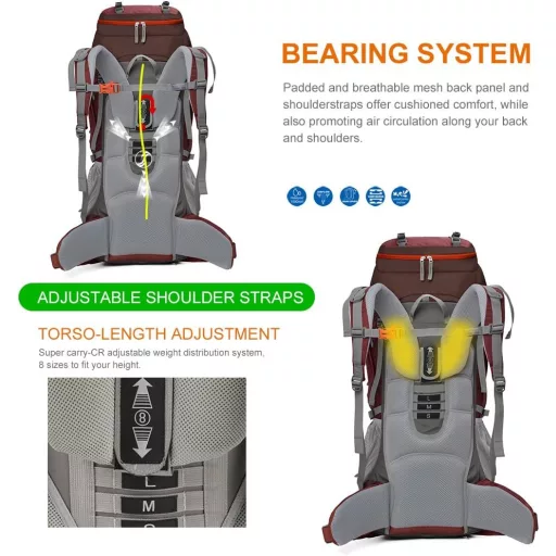 Rucsac trekking MOUNTAINTOP 70L cu husă de ploaie, pentru bărbați și femei, ideal pentru drumeții și camping.