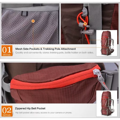 Rucsac trekking MOUNTAINTOP 70L cu husă de ploaie, pentru bărbați și femei, ideal pentru drumeții și camping.